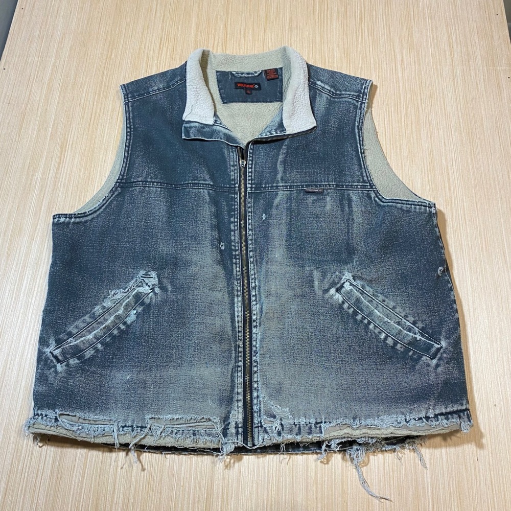 Wolverine Mens XL Distressed Denim Sherpa Lined Workwear Vest Blue Full Zip